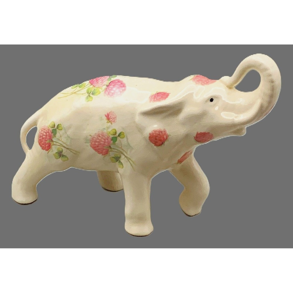 Cottage Granny Core Pink Thistle Flowers ELEPHANT Trunk Up Vtg Figurine 6" x 8" - Picture 2 of 12